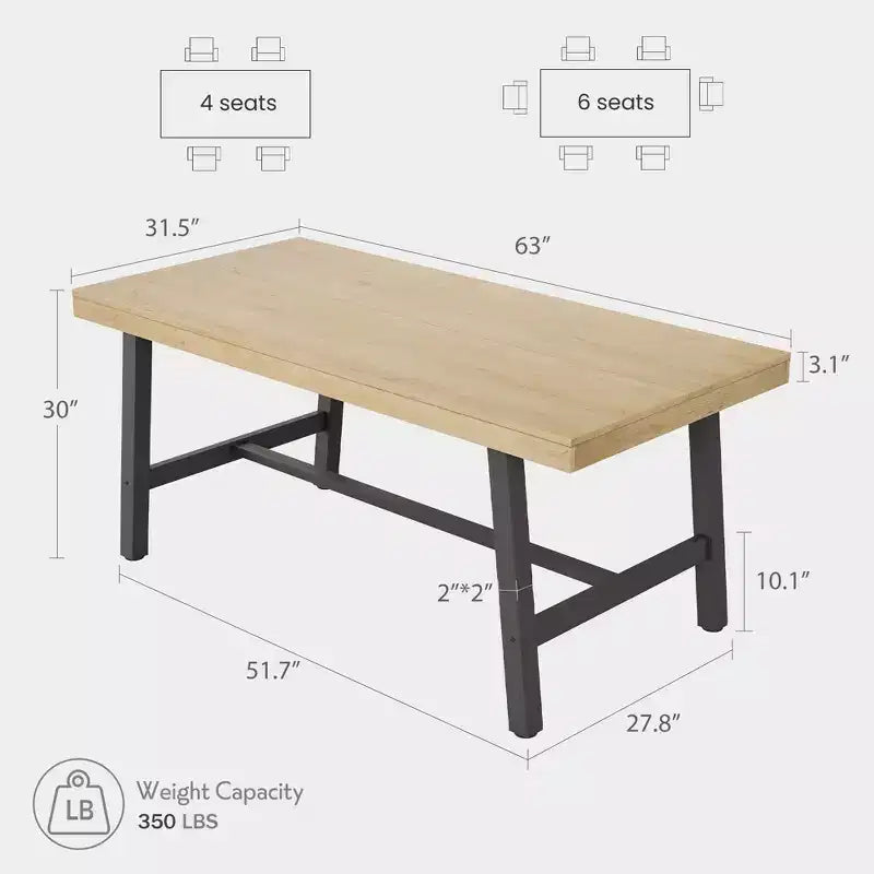 Rustic Wood 63 Large Long Dining Table for 6, Industrial Rectangle Kitchen Table with Sturdy Black Metal Legs for Living Room and Dining Room