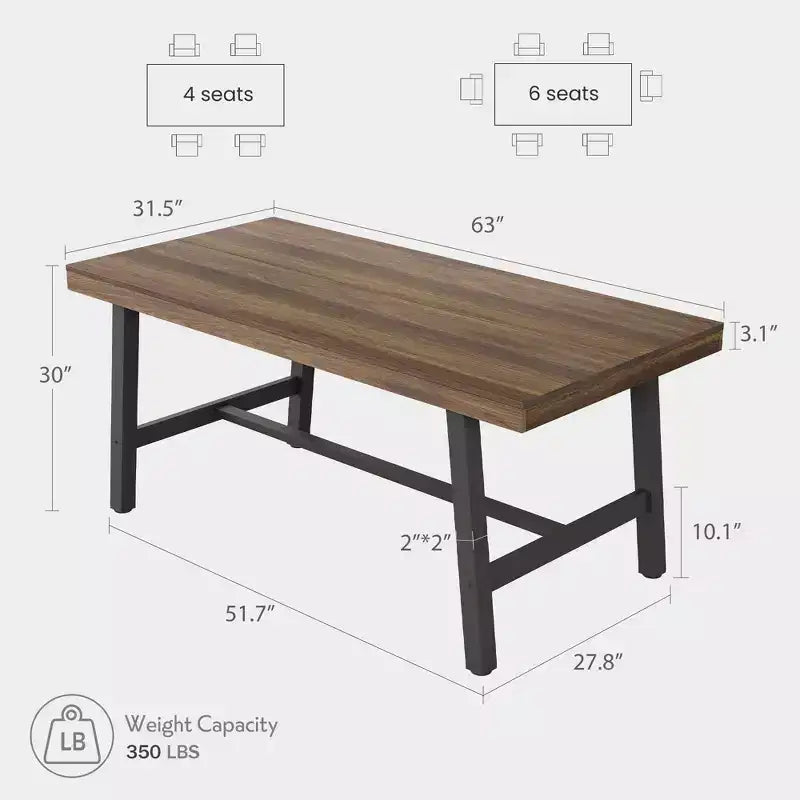 Rustic Wood 63 Large Long Dining Table for 6, Industrial Rectangle Kitchen Table with Sturdy Black Metal Legs for Living Room and Dining Room