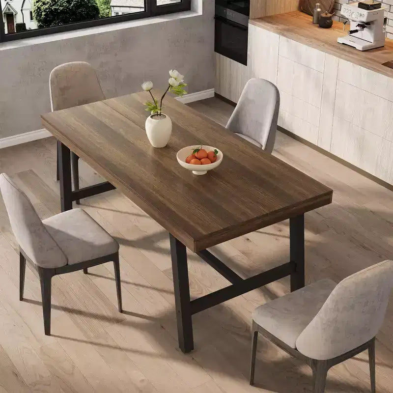 Rustic Wood 63 Large Long Dining Table for 6, Industrial Rectangle Kitchen Table with Sturdy Black Metal Legs for Living Room and Dining Room