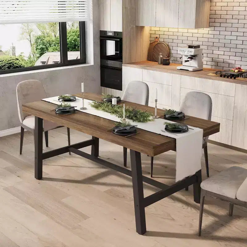 Rustic Wood 63 Large Long Dining Table for 6, Industrial Rectangle Kitchen Table with Sturdy Black Metal Legs for Living Room and Dining Room