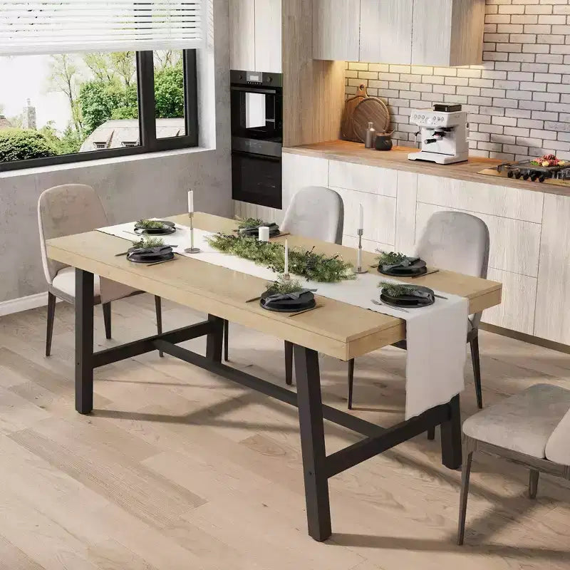 Rustic Wood 63 Large Long Dining Table for 6, Industrial Rectangle Kitchen Table with Sturdy Black Metal Legs for Living Room and Dining Room
