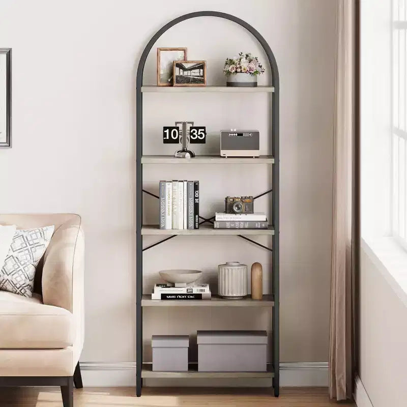 5 Tier Arched Bookshelf, Bookcase Display Racks Tall Bookshelves, Storage Rack Large Wood Book Shelf for Bedroom, Living Room, Office