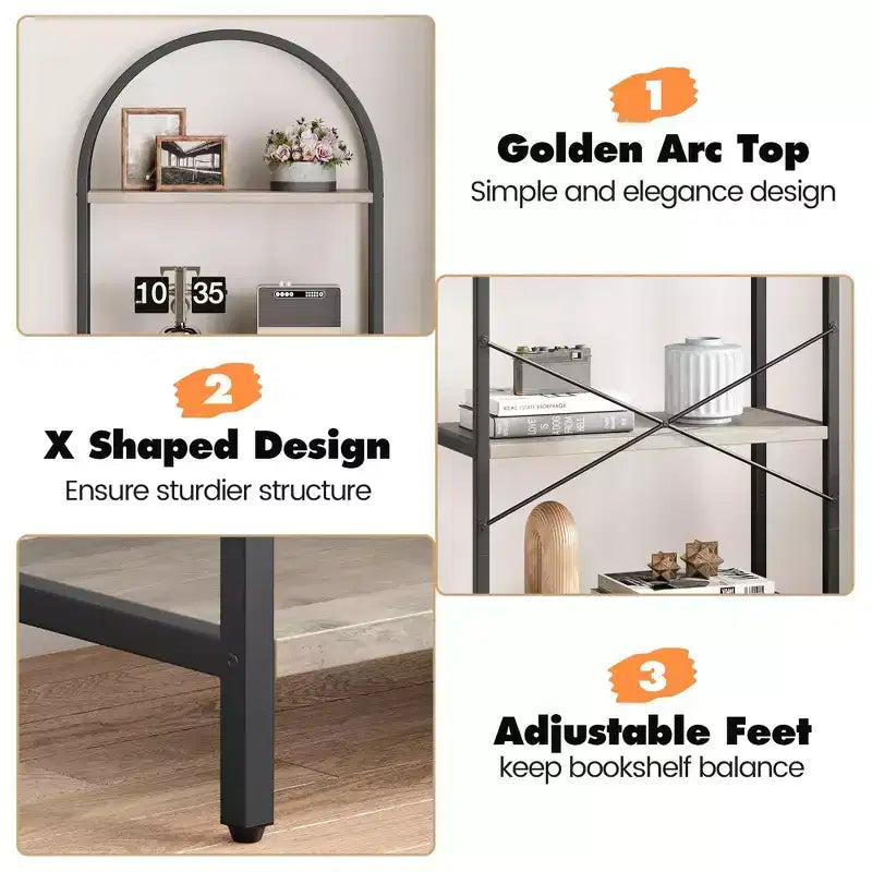 5 Tier Arched Bookshelf, Bookcase Display Racks Tall Bookshelves, Storage Rack Large Wood Book Shelf for Bedroom, Living Room, Office