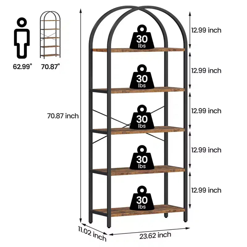 5 Tier Arched Bookshelf, Bookcase Display Racks Tall Bookshelves, Storage Rack Large Wood Book Shelf for Bedroom, Living Room, Office