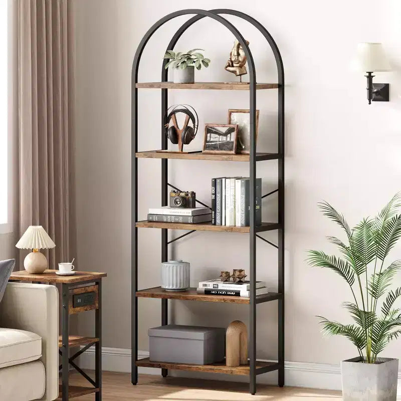 5 Tier Arched Bookshelf, Bookcase Display Racks Tall Bookshelves, Storage Rack Large Wood Book Shelf for Bedroom, Living Room, Office