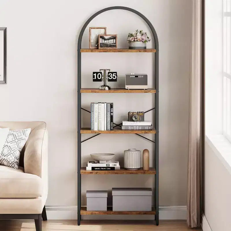 5 Tier Arched Bookshelf, Bookcase Display Racks Tall Bookshelves, Storage Rack Large Wood Book Shelf for Bedroom, Living Room, Office