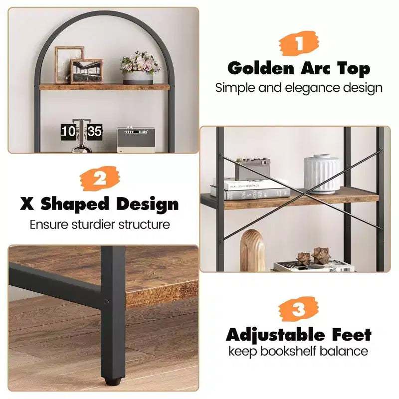 5 Tier Arched Bookshelf, Bookcase Display Racks Tall Bookshelves, Storage Rack Large Wood Book Shelf for Bedroom, Living Room, Office