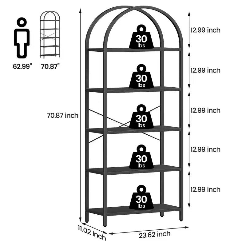 5 Tier Arched Bookshelf, Bookcase Display Racks Tall Bookshelves, Storage Rack Large Wood Book Shelf for Bedroom, Living Room, Office