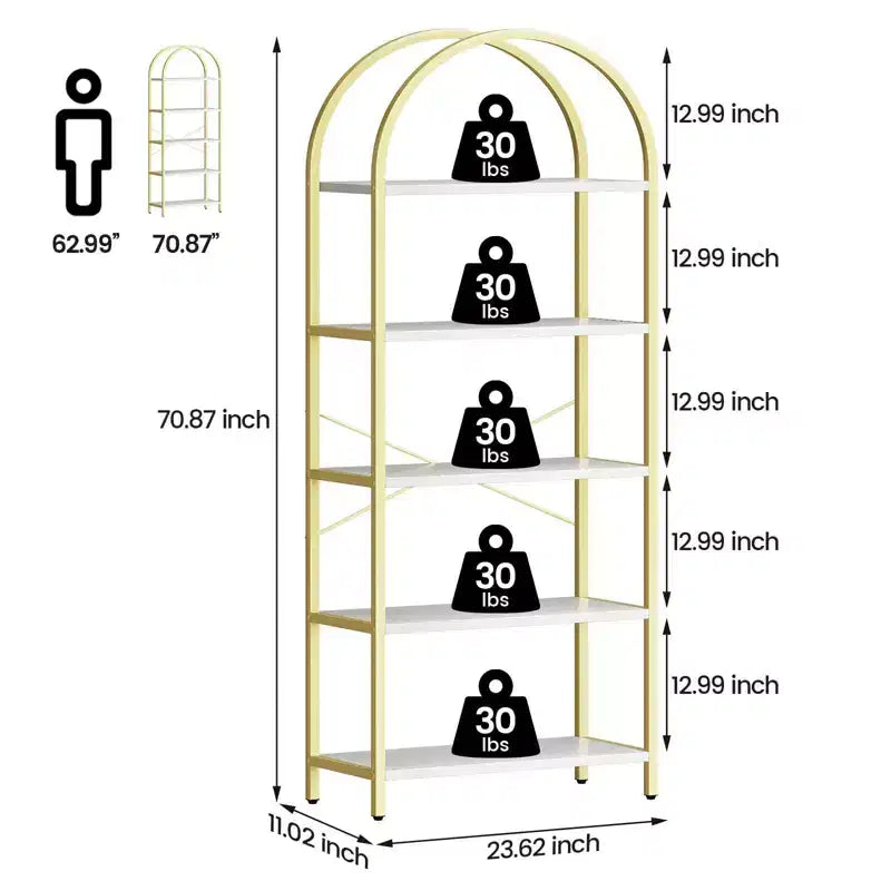 5 Tier Arched Bookshelf, Bookcase Display Racks Tall Bookshelves, Storage Rack Large Wood Book Shelf for Bedroom, Living Room, Office