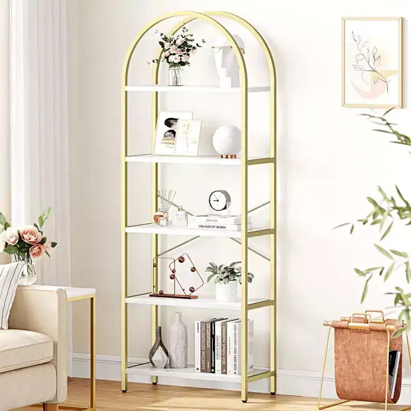 5 Tier Arched Bookshelf, Bookcase Display Racks Tall Bookshelves, Storage Rack Large Wood Book Shelf for Bedroom, Living Room, Office
