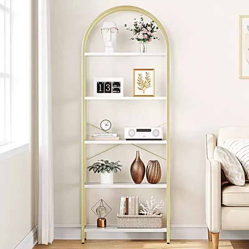 5 Tier Arched Bookshelf, Bookcase Display Racks Tall Bookshelves, Storage Rack Large Wood Book Shelf for Bedroom, Living Room, Office