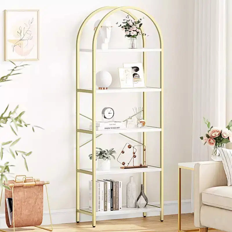 5 Tier Arched Bookshelf, Bookcase Display Racks Tall Bookshelves, Storage Rack Large Wood Book Shelf for Bedroom, Living Room, Office