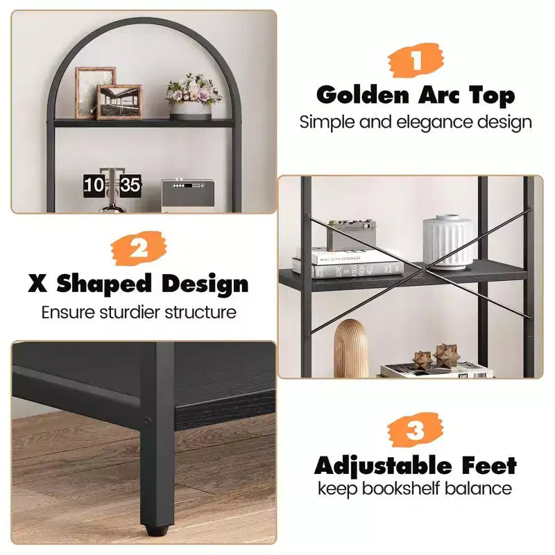 5 Tier Arched Bookshelf, Bookcase Display Racks Tall Bookshelves, Storage Rack Large Wood Book Shelf for Bedroom, Living Room, Office