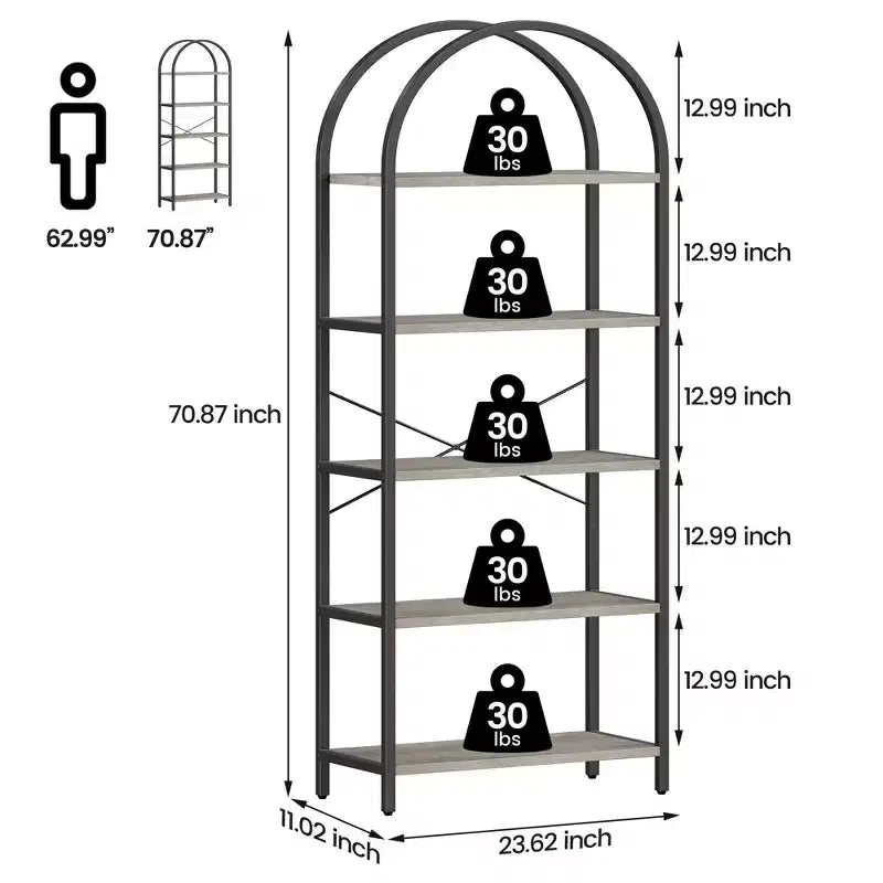 5 Tier Arched Bookshelf, Bookcase Display Racks Tall Bookshelves, Storage Rack Large Wood Book Shelf for Bedroom, Living Room, Office