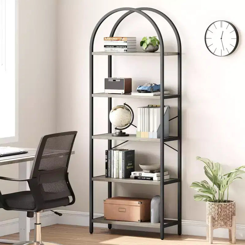 5 Tier Arched Bookshelf, Bookcase Display Racks Tall Bookshelves, Storage Rack Large Wood Book Shelf for Bedroom, Living Room, Office