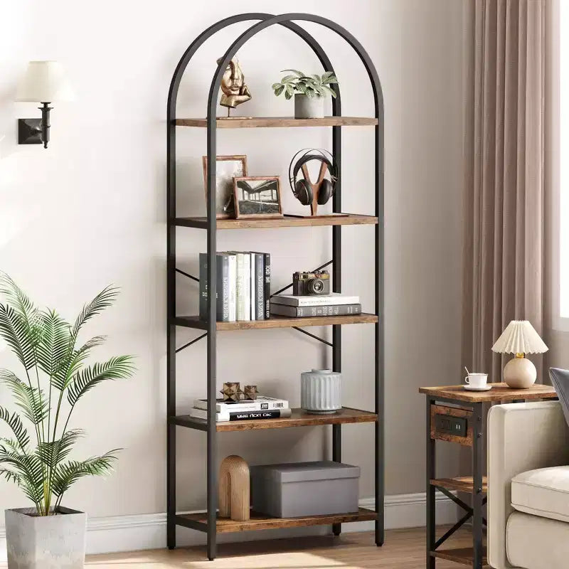 5 Tier Arched Bookshelf, Bookcase Display Racks Tall Bookshelves, Storage Rack Large Wood Book Shelf for Bedroom, Living Room, Office
