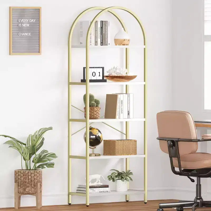 5 Tier Arched Bookshelf, Bookcase Display Racks Tall Bookshelves, Storage Rack Large Wood Book Shelf for Bedroom, Living Room, Office