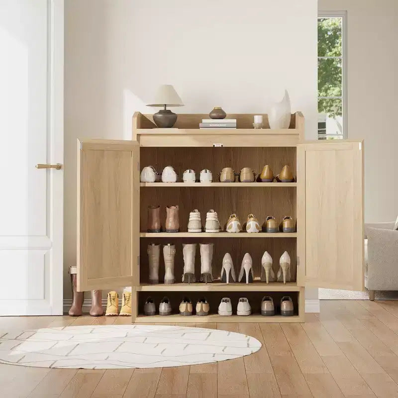 Shoe Cabinet for Entryway, Rattan Shoe Storage Organizer with Adjustable Shelves, Closed Shoe Rack for Hallway, Living Room, Bedroom