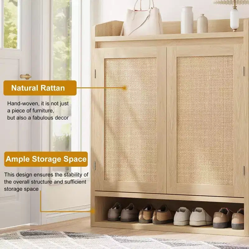 Shoe Cabinet for Entryway, Rattan Shoe Storage Organizer with Adjustable Shelves, Closed Shoe Rack for Hallway, Living Room, Bedroom