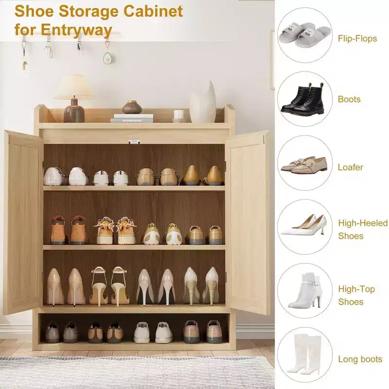 Shoe Cabinet for Entryway, Rattan Shoe Storage Organizer with Adjustable Shelves, Closed Shoe Rack for Hallway, Living Room, Bedroom
