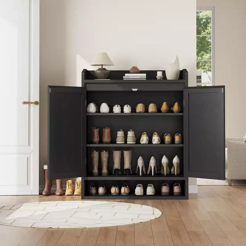 Shoe Cabinet for Entryway, Rattan Shoe Storage Organizer with Adjustable Shelves, Closed Shoe Rack for Hallway, Living Room, Bedroom