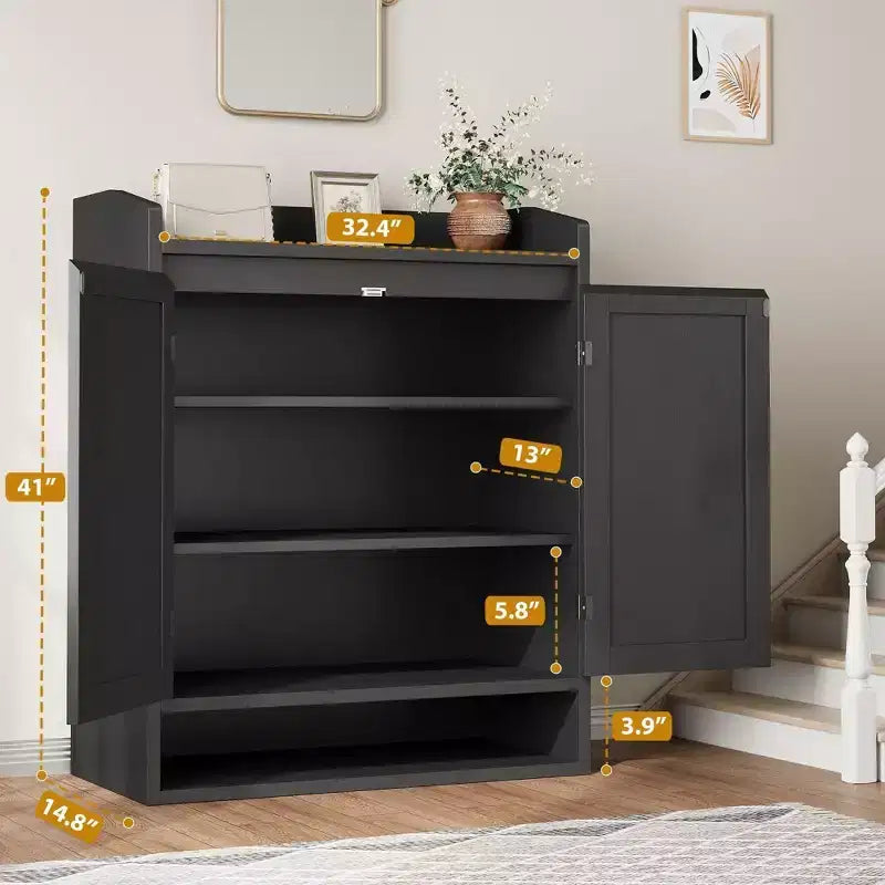 Shoe Cabinet for Entryway, Rattan Shoe Storage Organizer with Adjustable Shelves, Closed Shoe Rack for Hallway, Living Room, Bedroom