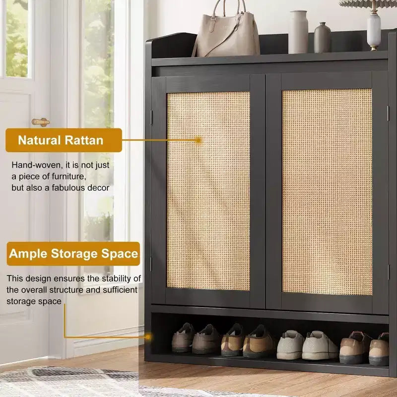 Shoe Cabinet for Entryway, Rattan Shoe Storage Organizer with Adjustable Shelves, Closed Shoe Rack for Hallway, Living Room, Bedroom