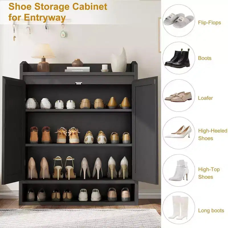 Shoe Cabinet for Entryway, Rattan Shoe Storage Organizer with Adjustable Shelves, Closed Shoe Rack for Hallway, Living Room, Bedroom