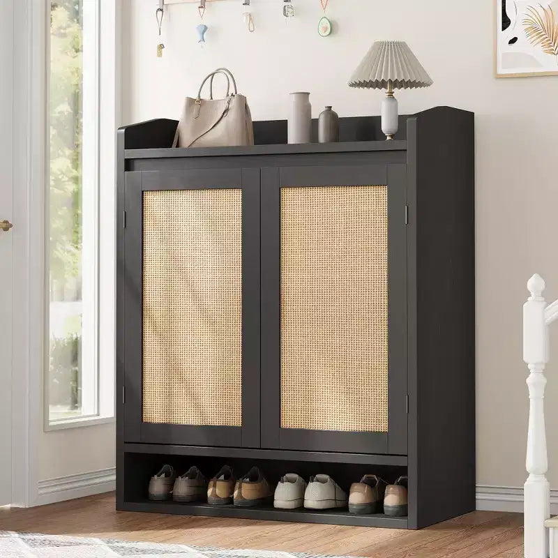 Coolmee Shoe Cabinet for Entryway, Rattan Shoe Storage Organizer with Adjustable Shelves, Closed Shoe Rack for Hallway, Living Room, Bedroom