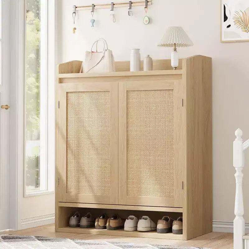 Shoe Cabinet for Entryway, Rattan Shoe Storage Organizer with Adjustable Shelves, Closed Shoe Rack for Hallway, Living Room, Bedroom