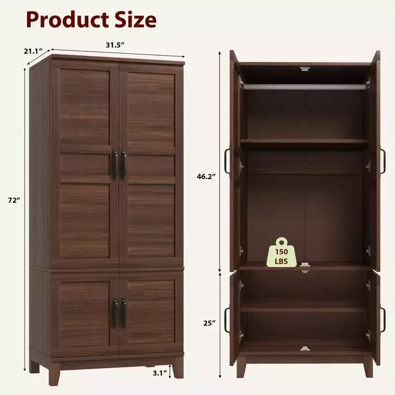 Armoire Wardrobe Closet with 4 Doors, 72 Wooden Wardrobe Cabinet with Hanging Rod, Freestanding Tall Clothing Armoire Cabinet
