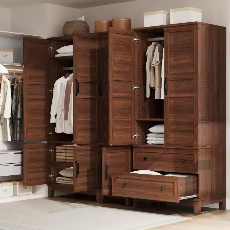 Armoire Wardrobe Closet with 4 Doors, 72 Wooden Wardrobe Cabinet with Hanging Rod, Freestanding Tall Clothing Armoire Cabinet