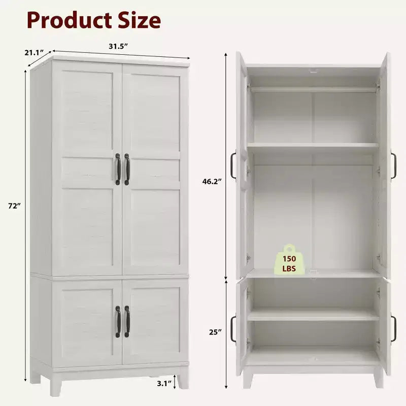 Armoire Wardrobe Closet with 4 Doors, 72 Wooden Wardrobe Cabinet with Hanging Rod, Freestanding Tall Clothing Armoire Cabinet