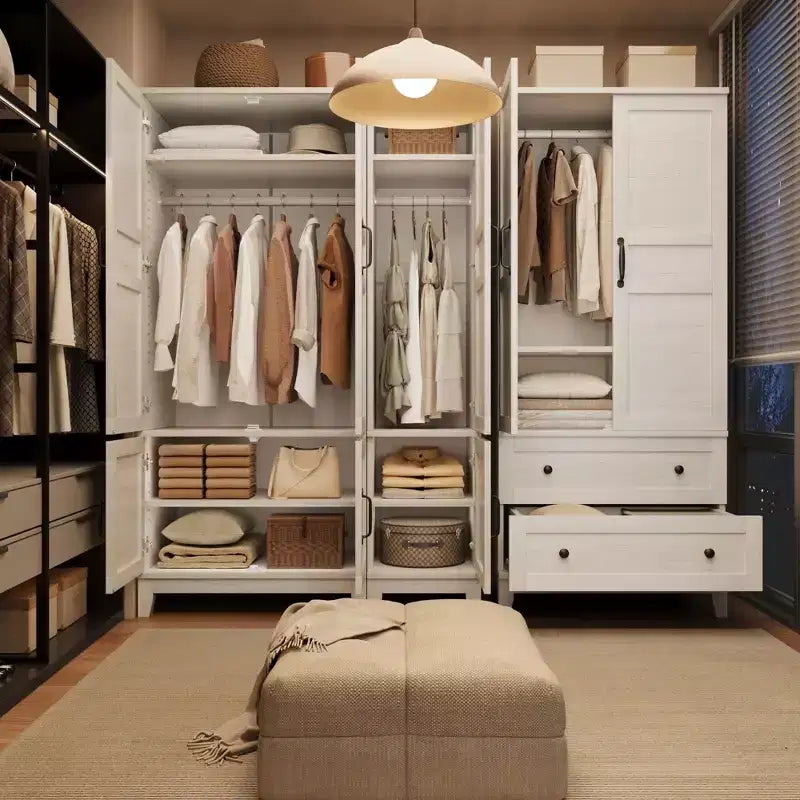 Armoire Wardrobe Closet with 4 Doors, 72 Wooden Wardrobe Cabinet with Hanging Rod, Freestanding Tall Clothing Armoire Cabinet