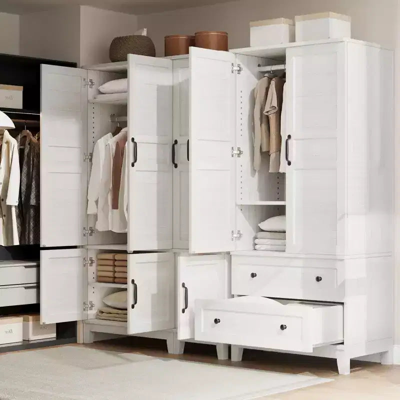 Armoire Wardrobe Closet with 4 Doors, 72 Wooden Wardrobe Cabinet with Hanging Rod, Freestanding Tall Clothing Armoire Cabinet