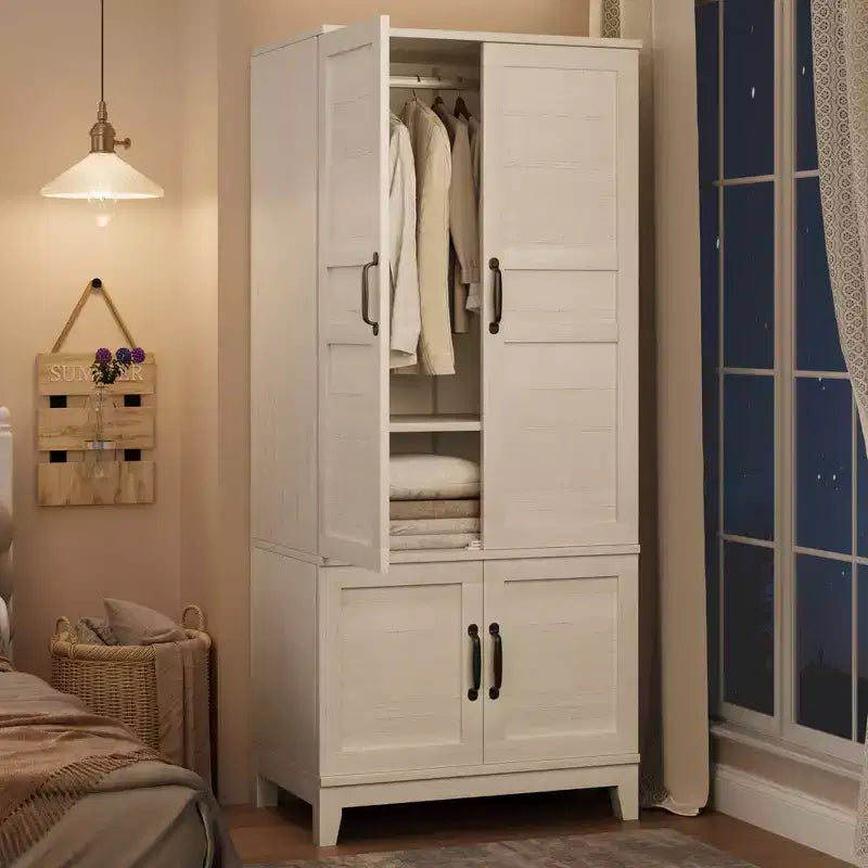 Coolmee Armoire Wardrobe Closet with 4 Doors, 72 Wooden Wardrobe Cabinet with Hanging Rod, Freestanding Tall Clothing Armoire Cabinet