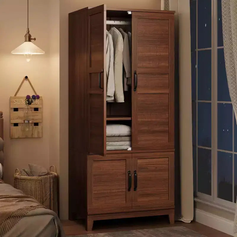 Armoire Wardrobe Closet with 4 Doors, 72 Wooden Wardrobe Cabinet with Hanging Rod, Freestanding Tall Clothing Armoire Cabinet