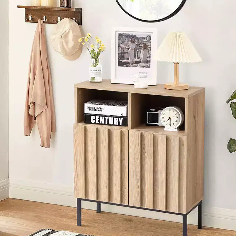 Oak Finish Wave Stripe Sideboard, Double Door Storage Cabinet with Wavy Design, Wood Texture Buffet Console for Living Room, Entryway