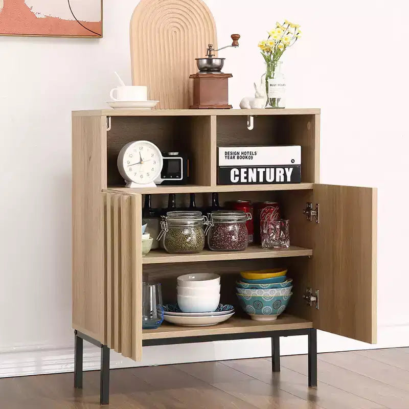 Oak Finish Wave Stripe Sideboard, Double Door Storage Cabinet with Wavy Design, Wood Texture Buffet Console for Living Room, Entryway