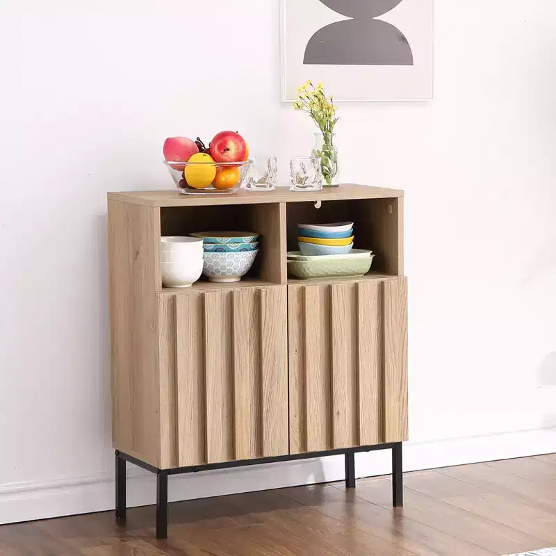Oak Finish Wave Stripe Sideboard, Double Door Storage Cabinet with Wavy Design, Wood Texture Buffet Console for Living Room, Entryway