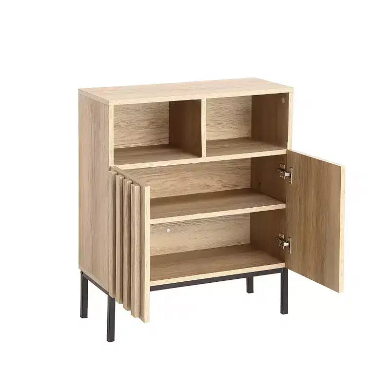 Oak Finish Wave Stripe Sideboard, Double Door Storage Cabinet with Wavy Design, Wood Texture Buffet Console for Living Room, Entryway