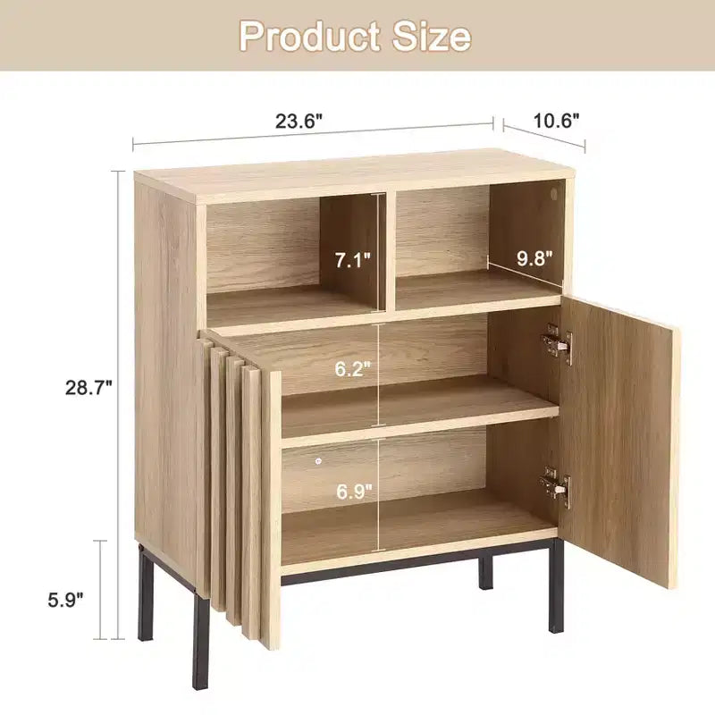 Oak Finish Wave Stripe Sideboard, Double Door Storage Cabinet with Wavy Design, Wood Texture Buffet Console for Living Room, Entryway