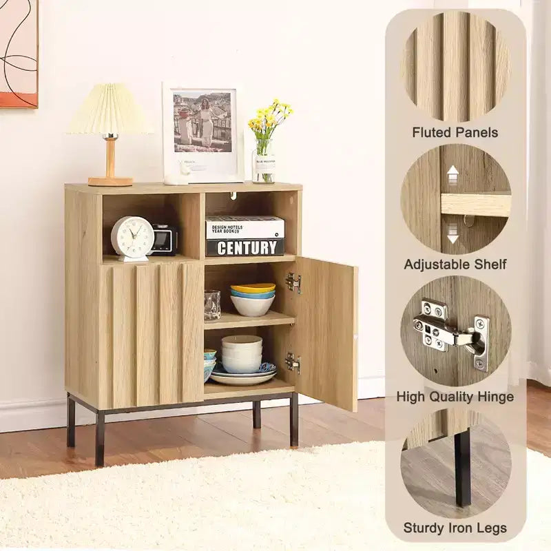 Oak Finish Wave Stripe Sideboard, Double Door Storage Cabinet with Wavy Design, Wood Texture Buffet Console for Living Room, Entryway