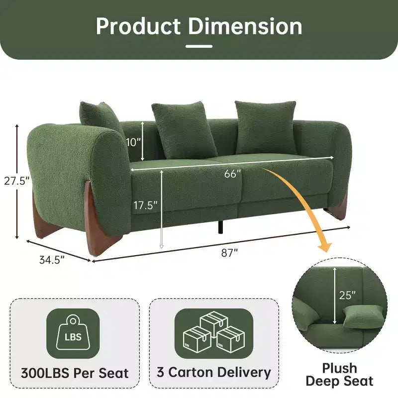 Mid Century Modern Sofa with Lamb Wool Fabric, Upholstered Living Room Sofa with Waist Cushion, Reading Sofa for Bedroom Sunroom
