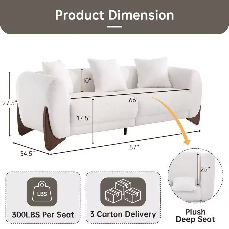 Mid Century Modern Sofa with Lamb Wool Fabric, Upholstered Living Room Sofa with Waist Cushion, Reading Sofa for Bedroom Sunroom