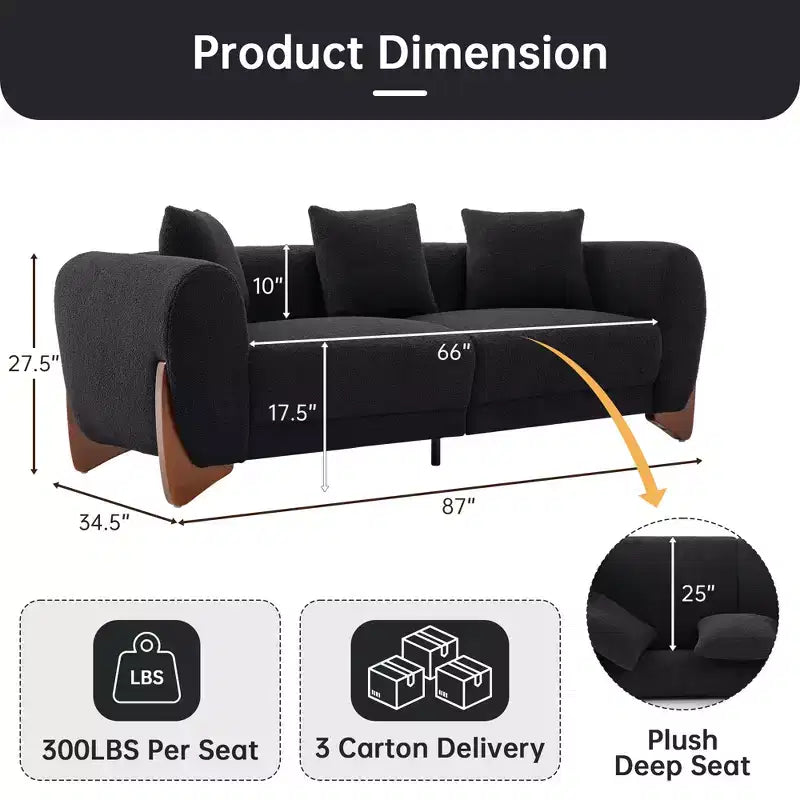 Mid Century Modern Sofa with Lamb Wool Fabric, Upholstered Living Room Sofa with Waist Cushion, Reading Sofa for Bedroom Sunroom