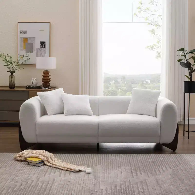 Mid Century Modern Sofa with Lamb Wool Fabric, Upholstered Living Room Sofa with Waist Cushion, Reading Sofa for Bedroom Sunroom