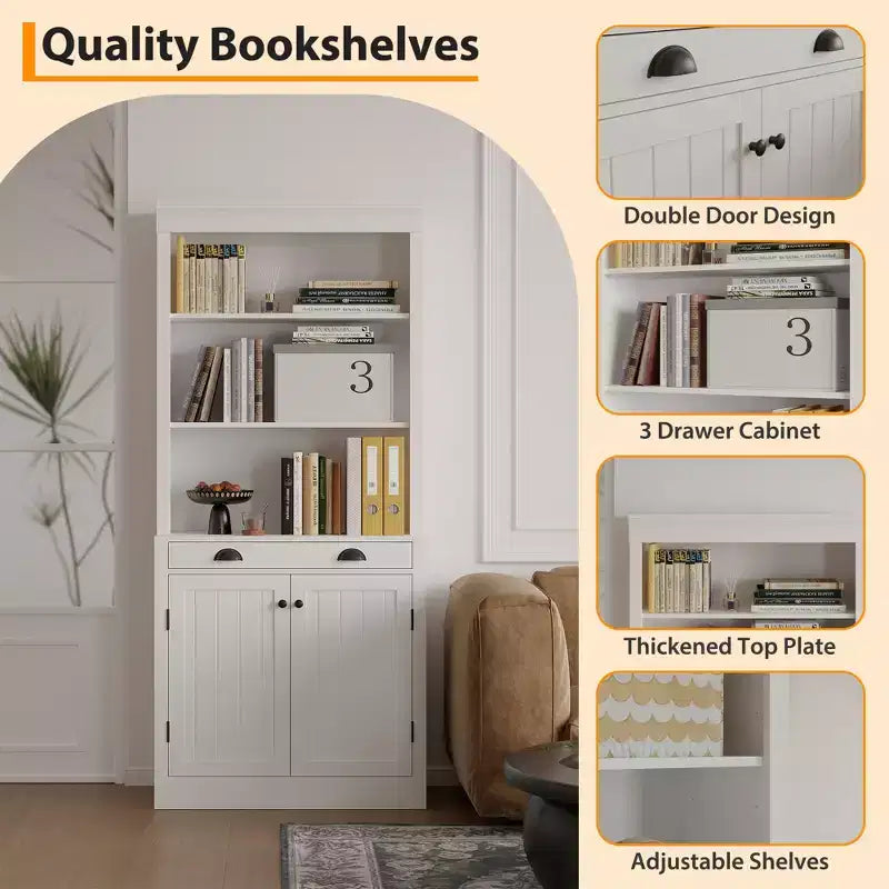 70 Tall Freestanding Bookshelf, 5 Tier Wooden Bookcase with Open Shelves & Cabinet, Modern Display Storage Cabinet, Pantry Sideboard