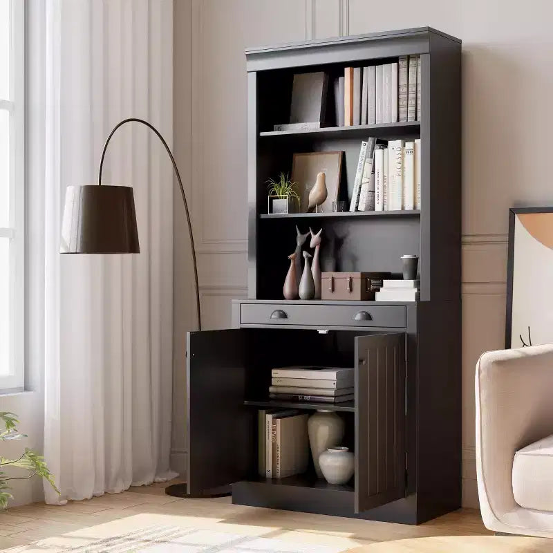 70 Tall Freestanding Bookshelf, 5 Tier Wooden Bookcase with Open Shelves & Cabinet, Modern Display Storage Cabinet, Pantry Sideboard