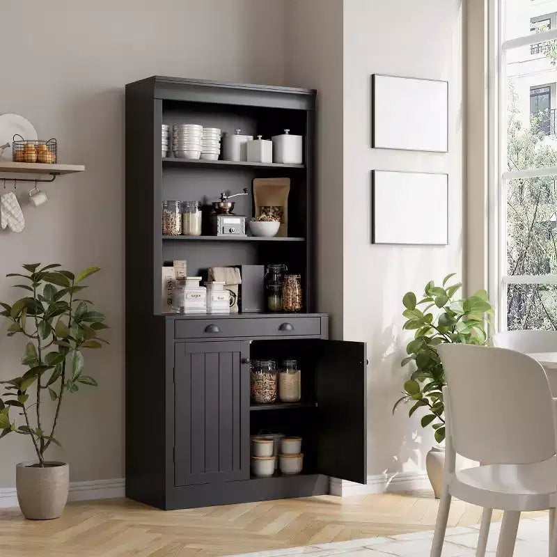 70 Tall Freestanding Bookshelf, 5 Tier Wooden Bookcase with Open Shelves & Cabinet, Modern Display Storage Cabinet, Pantry Sideboard